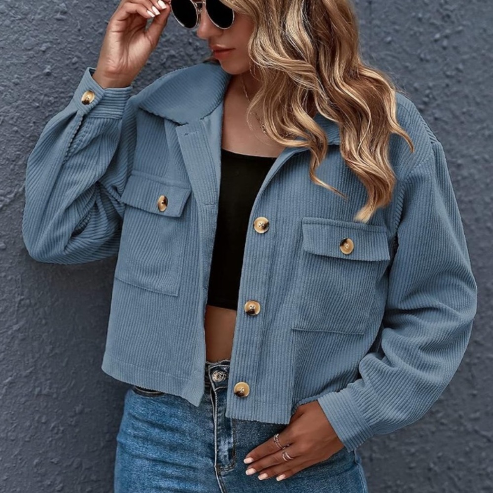 Blue Corduroy Button Up Cropped Jacket